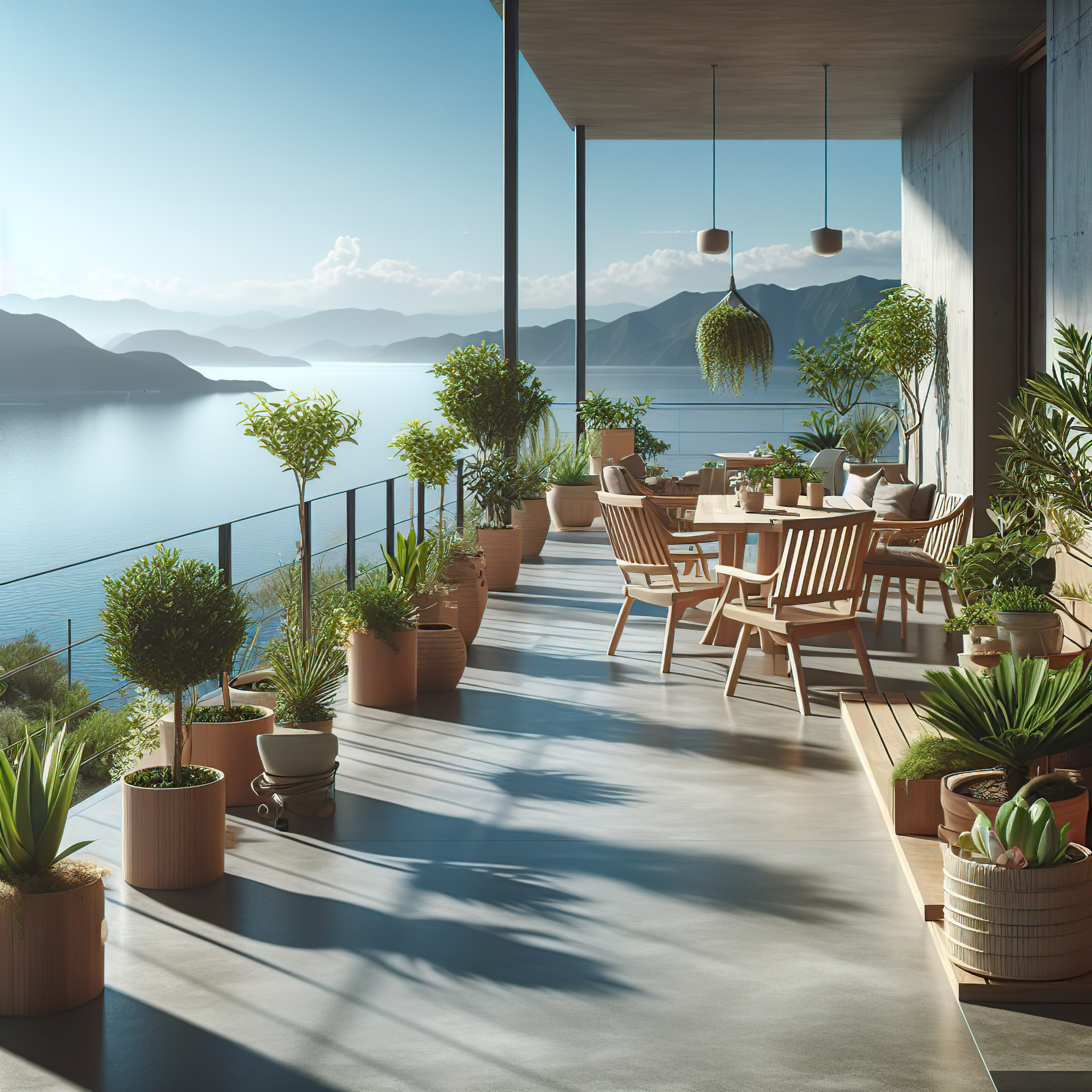 Une terrasse extérieure en béton ciré poli avec le sol capte la lumière, créant un effet miroitant qui complète parfaitement l’eau bleue de la mer.