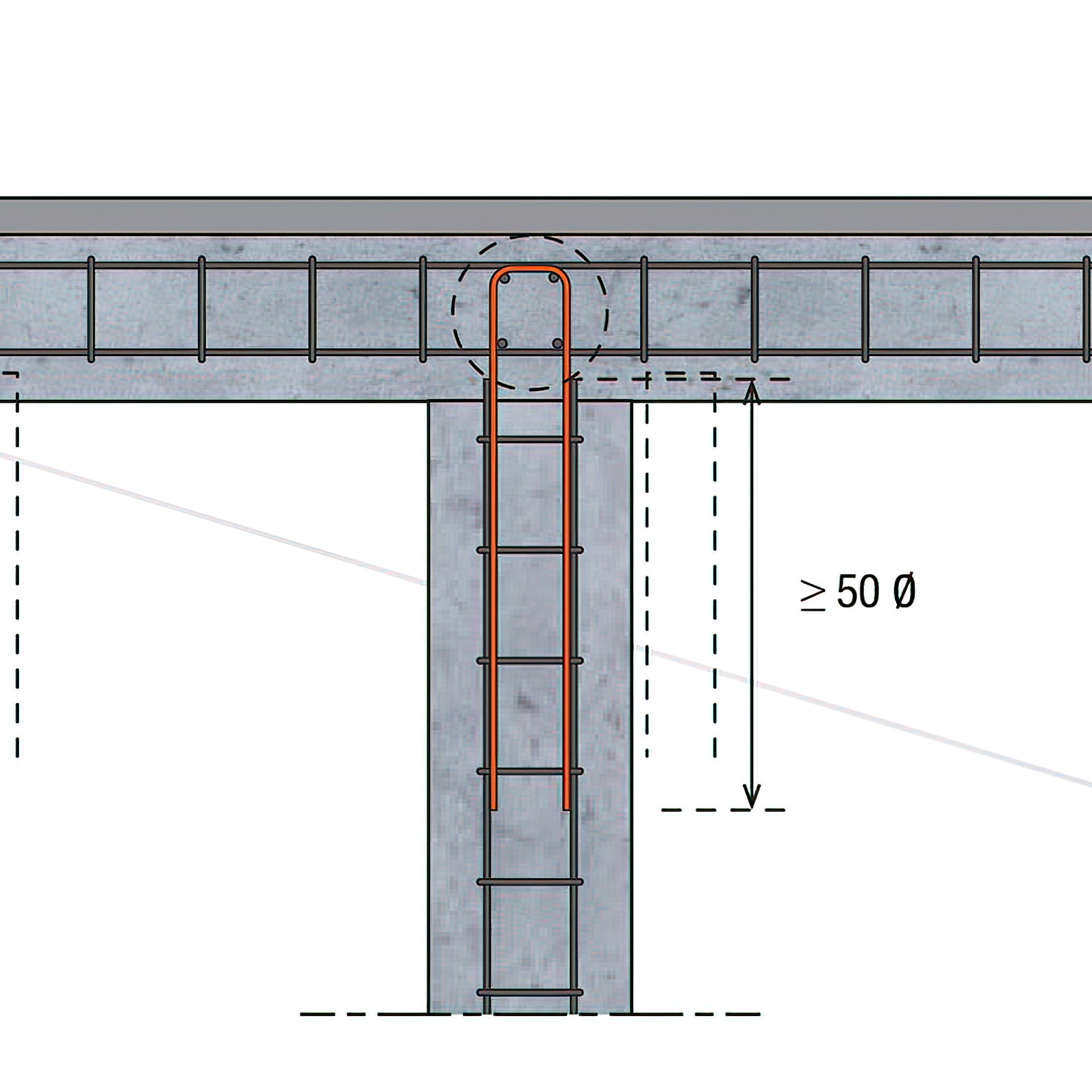 Vue en coupe d’un chaînage horizontal, illustrant le recouvrement adéquat des barres d’armature pour garantir la solidité et la sécurité de la construction.