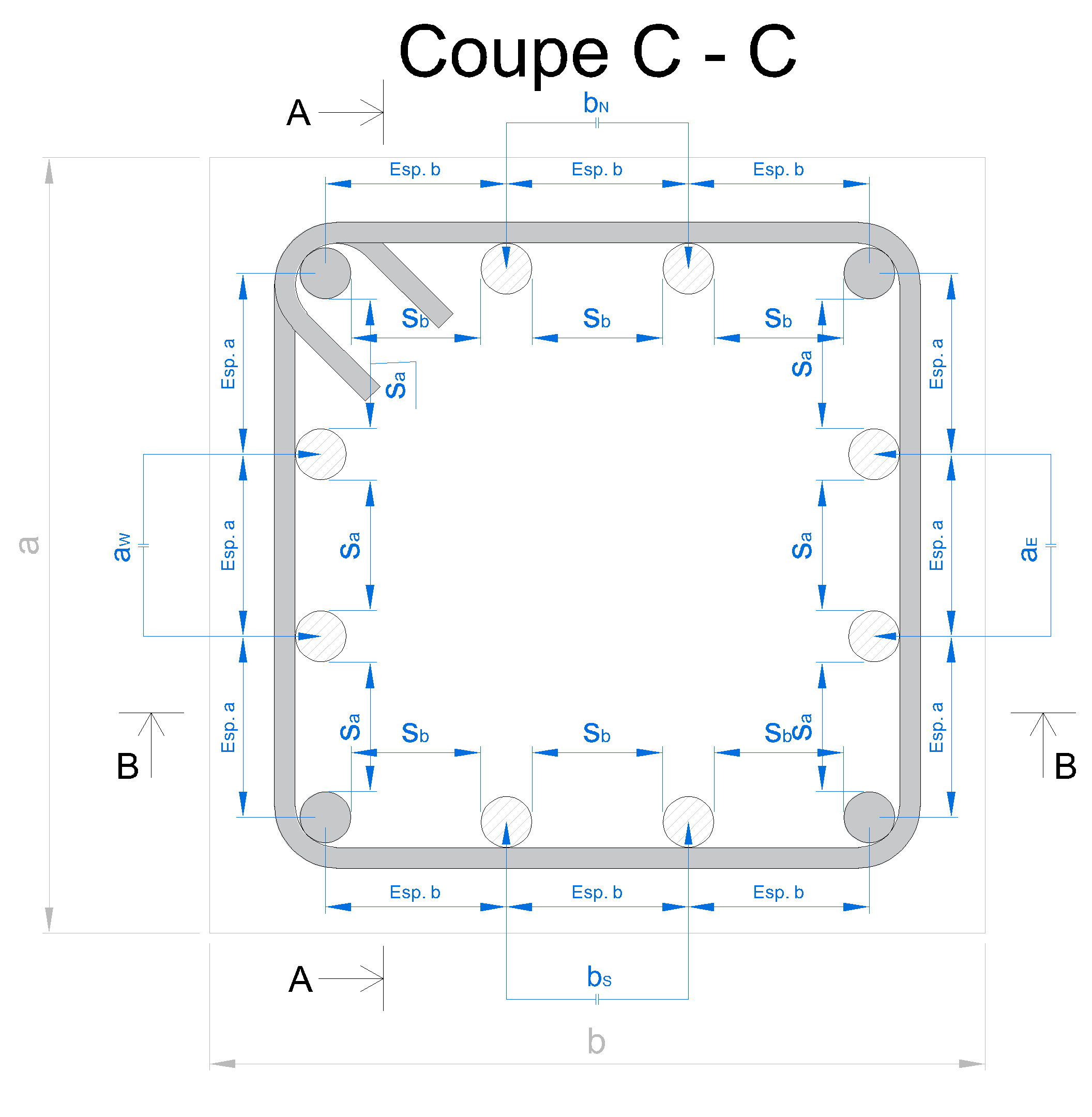 Schéma de ferraillage d’un poteau en béton armé, vue de dessus, montrant l’espacement entre les barres longitudinales conformément à l’Eurocode 2.