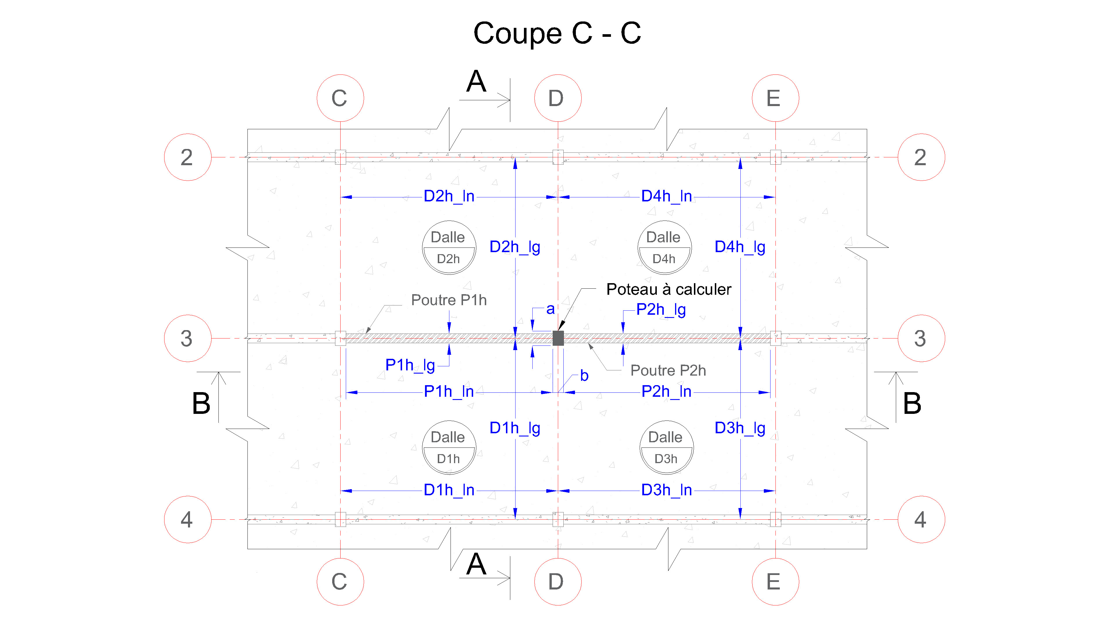 Vue en plan d’un poteau en béton armé avec poutres connectées et dalles reposant sur les poutres – Repérage des éléments et cotations nécessaires à la saisie dans le logiciel de calcul.
