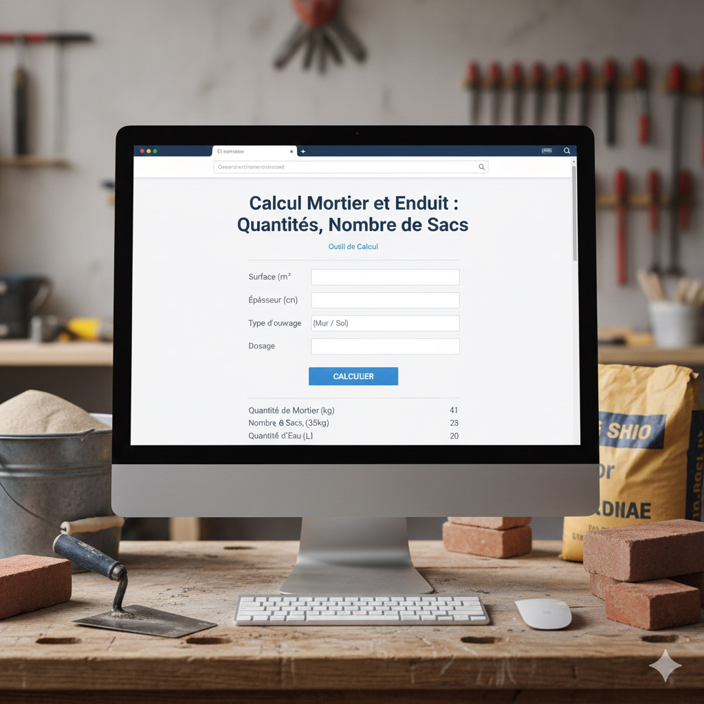 Outil de calcul automatique mortier et enduit : dosages, volumes, chaux, ciment, quantité au m² et nombre de sacs.
