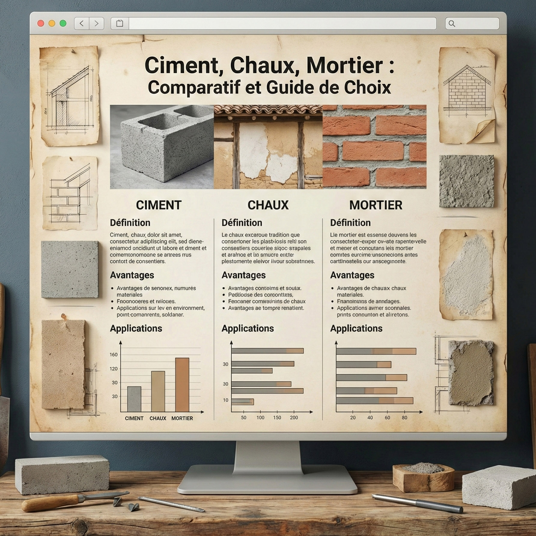 Ciment, chaux ou mortier : le guide complet avec comparatif, usages, dosages, tableaux, CO₂, erreurs à éviter et conseils pros pour choisir le bon liant.