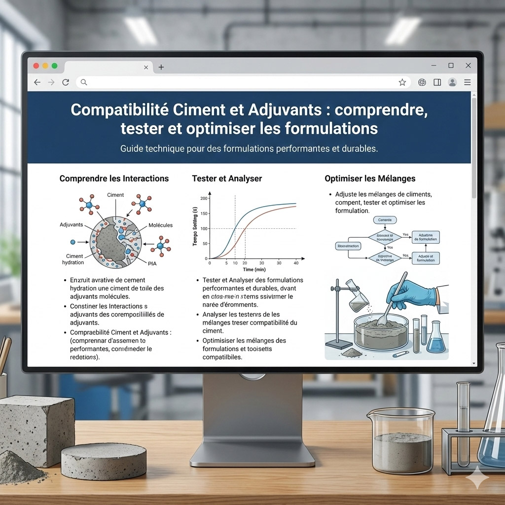 La compatibilité ciment/adjuvants : principes, interactions chimiques, symptômes d’incompatibilité, tests rapides et avancés, solutions correctives et recommandations professionnelles.