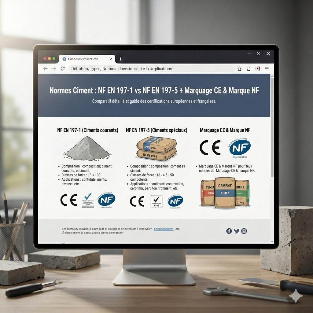 Explications complètes des normes NF EN 197-1 et NF EN 197-5, différences, désignation des ciments, marquage CE obligatoire et marque NF volontaire pour ciments conformes.