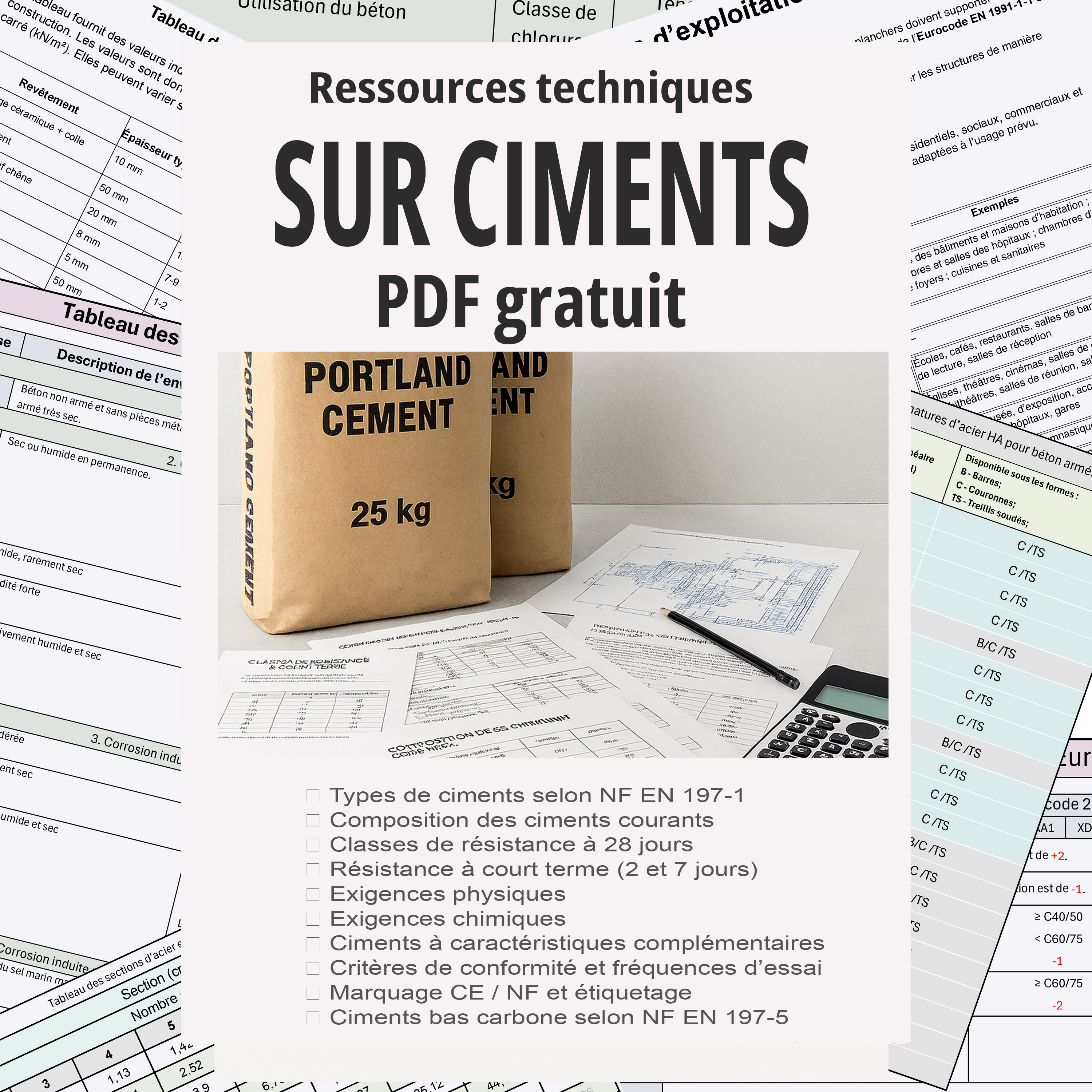 Téléchargez gratuitement nos tableaux et ressources techniques sur les ciments selon les normes NF EN 197-1 et NF EN 197-5 : types, compositions, résistances, exigences, conformité et ciments bas carbone.